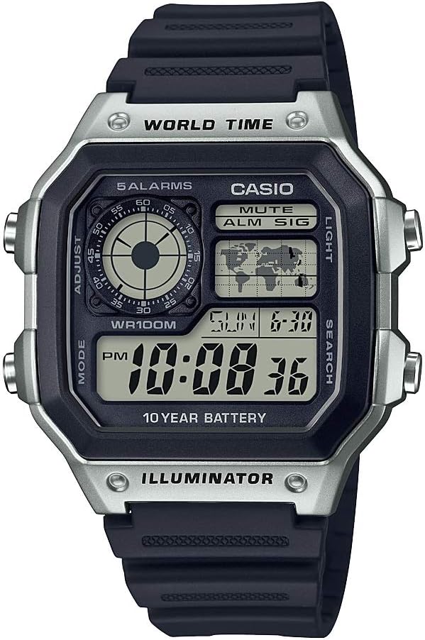 Casio AE1200WH Series | Men\u2019s Digital Watch | 100M WR | Multi Alarms | 100 SEC Stopwatch | Countdown Timer | World Map for World Time | LED Light | LC Analog Display | 10 Year Battery
