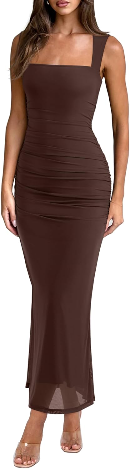 REORIA Summer Wedding Guest Maxi Dresses for Women Sleeveless Square Neck Sheer Mesh Ruched Bodycon Long Dress Trendy Clothes