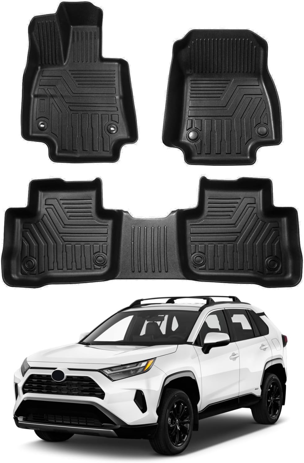 Powerty Floor Mats for 2019-2024 2025 Toyota RAV4 Accessories All Weather Floor Liner 3D TPO 1st &amp; 2nd Row Floor Mat Heavy-Duty Floor Liners(FIT All Models)
