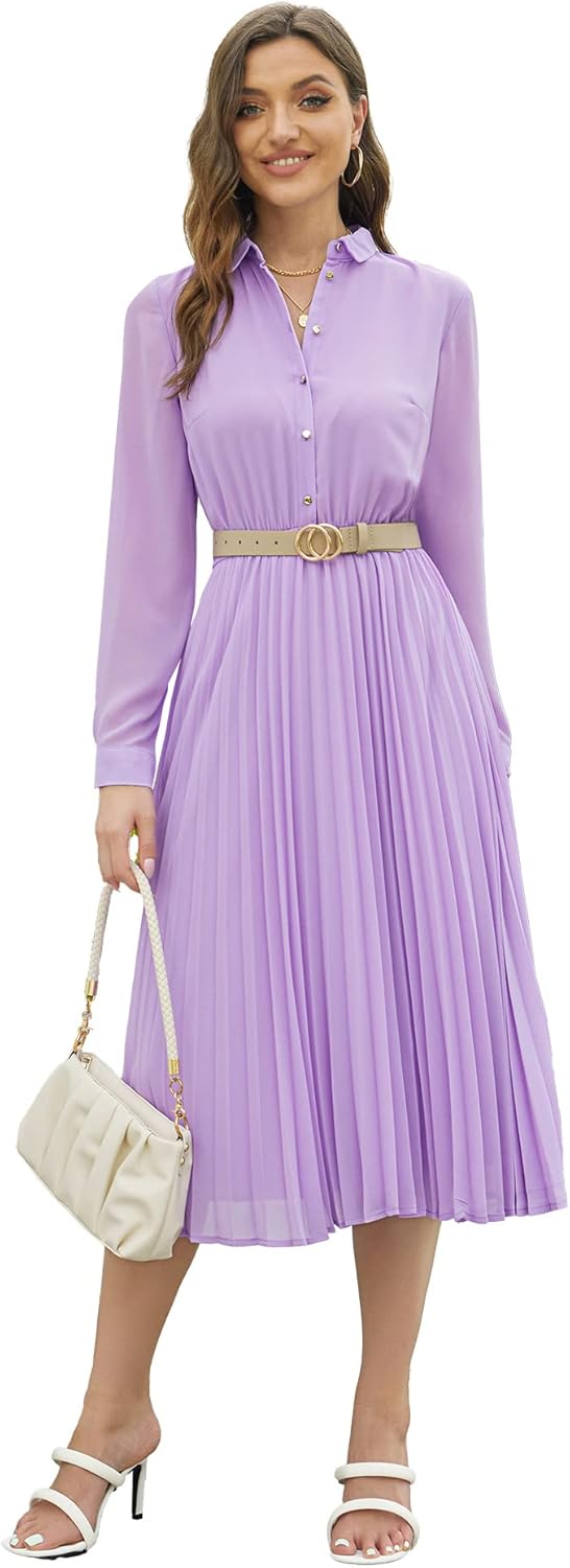 AbleTree Business Casual Shirt Dress for Women Long Sleeves Pleated Midi Dresses with Belt