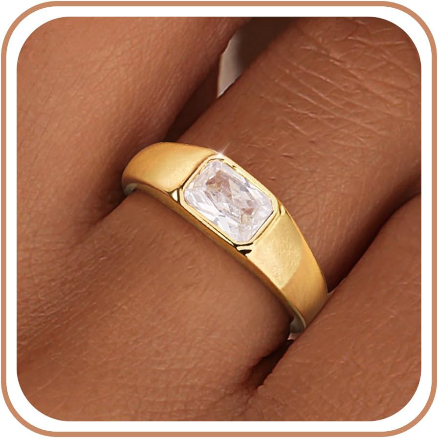 ZNBOH Birthstone Gold Rings for Women Non Tarnish 14K Gold Plated Chunky Emerald Rings Thumb Signet Statement Dainty CZ Band Ring Unique Waterproof Cute Jewelry Gift for Birthday Size 6-10