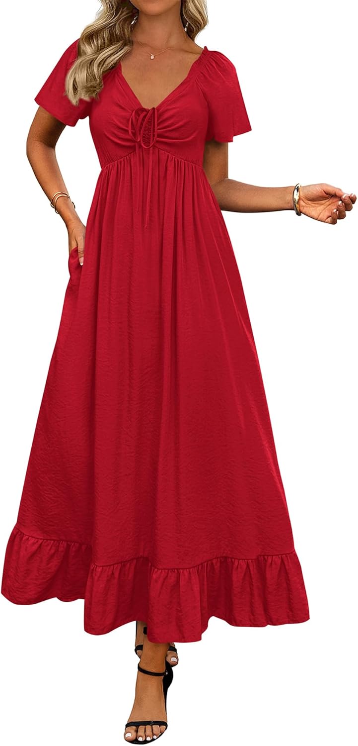 BTFBM Womens Summer Dresses 2026 Casual Short Sleeve V Neck Drawstring Wedding Guest Maxi Dresses Boho Beach Long Dress