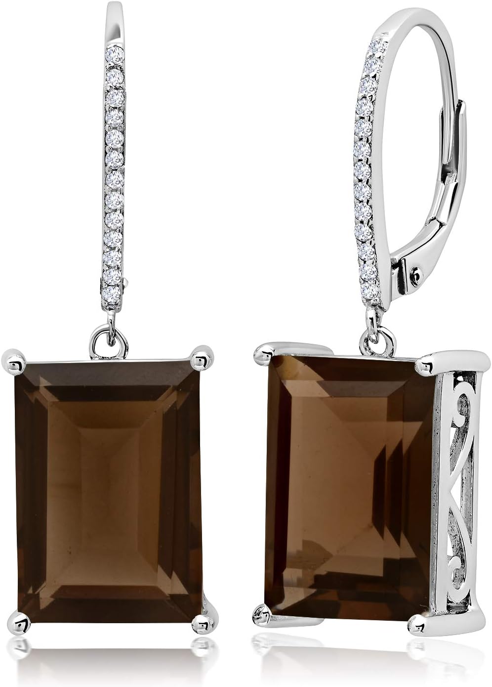 Emerald Cut Gemstone Dangle Earrings for Women in 925 Sterling Silver with Leverback and White Topaz Halo Accents 14mm Birthstone by MAX + STONE