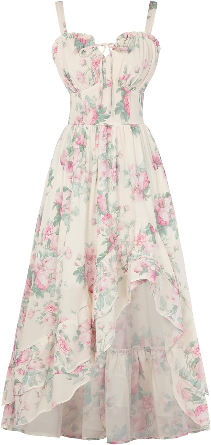 Scarlet Darkness Summer Dresses for Women 2026 Floral Corset Wedding Guest Dress Ruffle Maxi Dress with Pockets