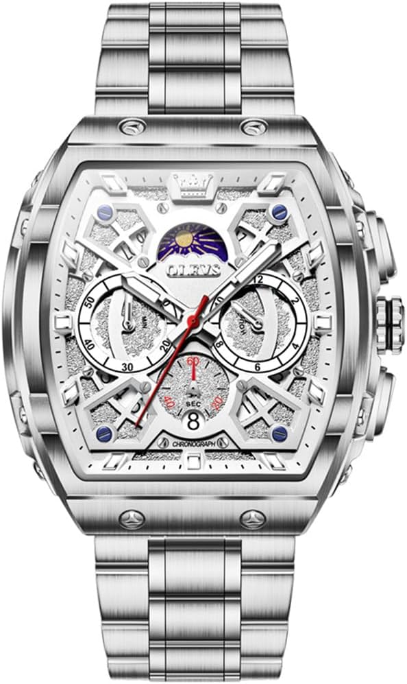 OLEVS Watches for Men Luxury Big Square Face Chronograph Moon Phase Stainless Steel Strap Dress Mens Watches Rectangle Waterproof Luminous Analog Quartz Wrist Watch-(Black\/Silver\/Blue)