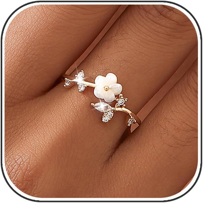 Solistra Rings for Women Non Tarnish, 14K Gold Plated Open Pearl Flower Band Adjustable Cubic Zirconia Rings for Women