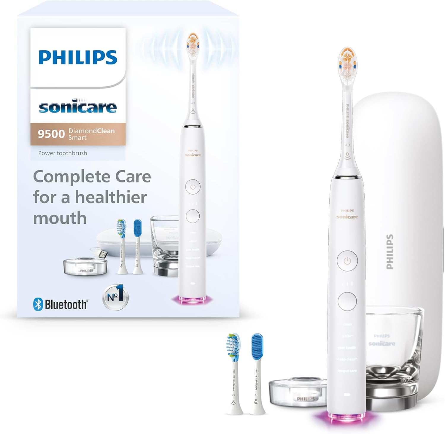 Philips Sonicare DiamondClean Smart 9500 Electric Toothbrush, Sonic Toothbrush with App, Pressure Sensor, Brush Head Detection, 5 Brushing Modes and 3 Intensity Levels, White, Model HX9923\/01