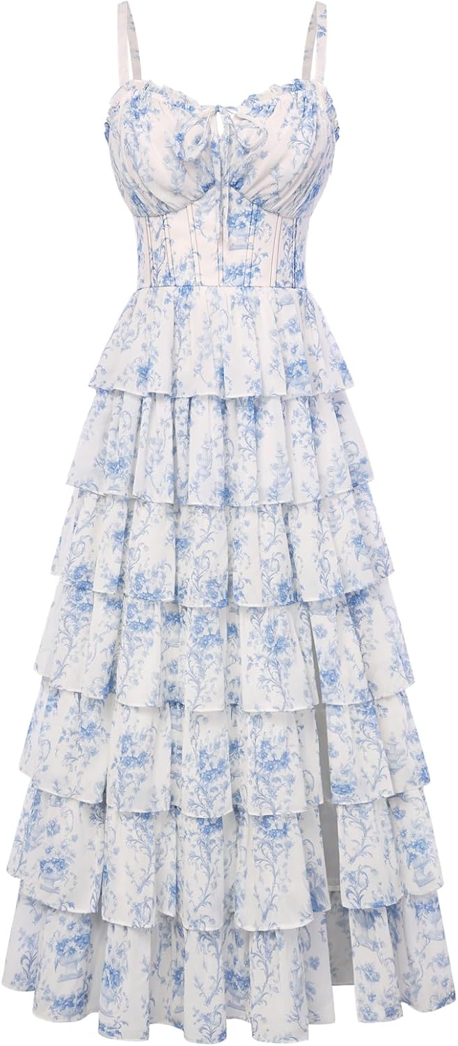 Scarlet Darkness Women's Floral Corset Wedding Guest Dress Lace Up Summer Spring Tiered Formal Maxi Dresses