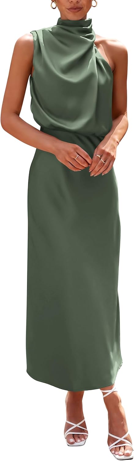 PRETTYGARDEN Women's 2026 Summer Satin Dress Elegant Sleeveless Mock Neck Cocktail Party Maxi Dresses