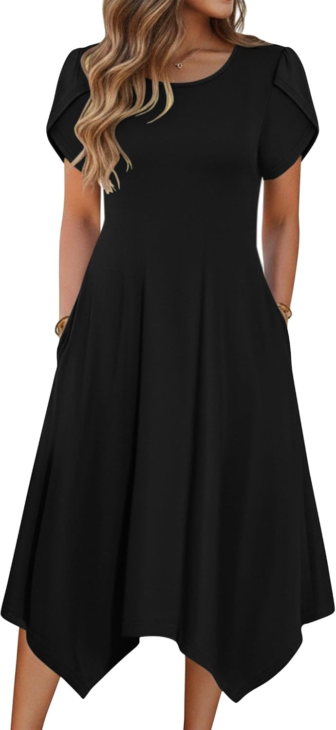 Zeagoo Womens Casual Dress for Summer Short Sleeve Loose Flowy Beach Dress with Pockets Hankerchief Flare Midi Sundress 2026