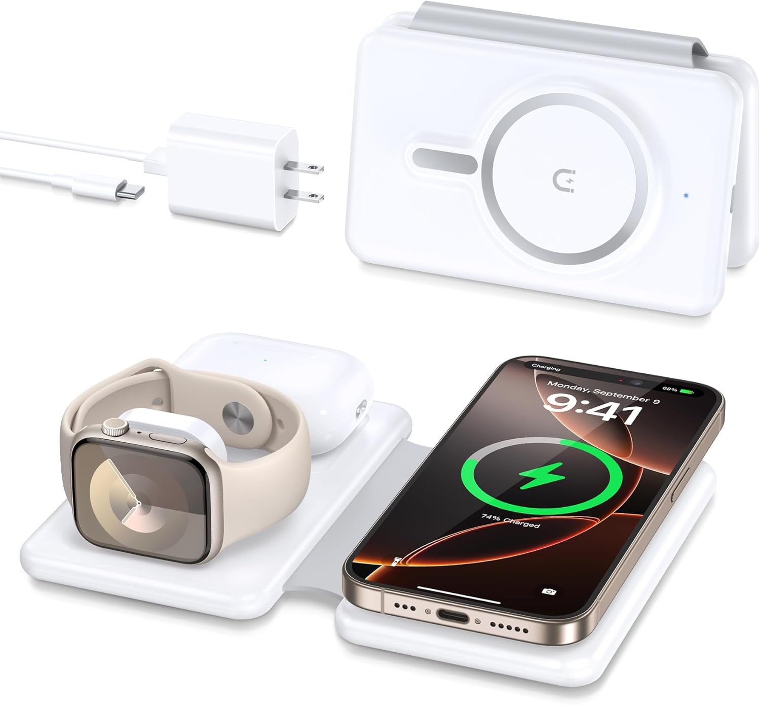 Magnetic Wireless Charger for iPhone: 3 in 1 Travel Charging Station for Apple Devices for iPhone 17 Air 16 15 14 13 12 Pro Max Plus - Foldable Charging Pad for Apple Watch Series &amp; Airpods 4 3 2 