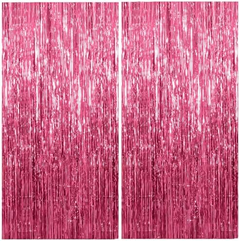 2 Pack Foil Curtain Backdrop Pink Metallic Tinsel Foil Fringe Curtains Photo Booth Props for Birthday Wedding Engagement Baby Shower Bachelorette Christmas Holiday Celebration Party Decorations