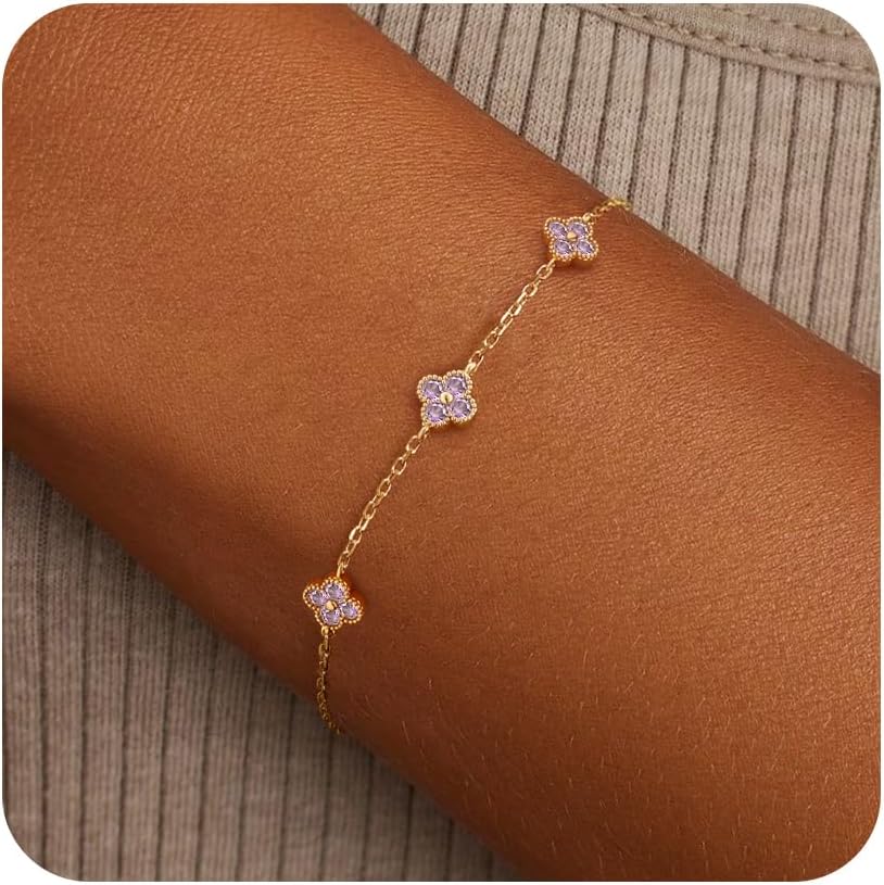 KELAIEN Birthstone Gold Clover Bracelet Dainty 14K Gold Plated Cute Friendship Stackable Bracelets for Women No Tarnish Trendy Charm Best Friend Bracelet Stack for Birthday Jewelry