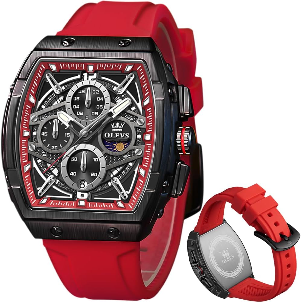 OLEVS Men Watches Business Dress Chronograph Big Square Quartz Analog Male Watch Silicone Strap Waterproof Date Gift Mens Wrsit Watch Silver
