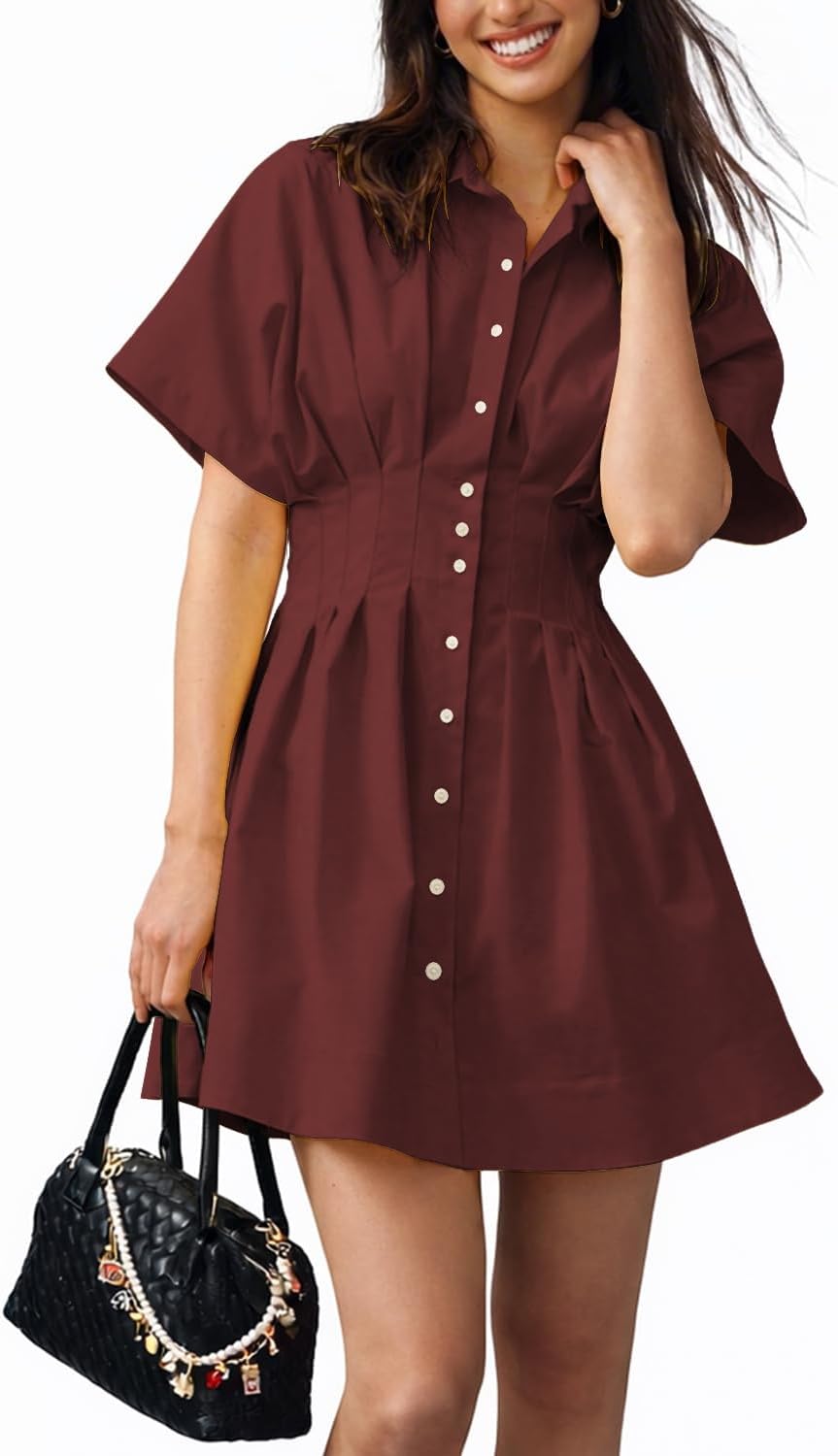 Shy Velvet Women\u2019s Mini Shirt Dress Casual Button Down Short Sleeve Collared Summer Dresses