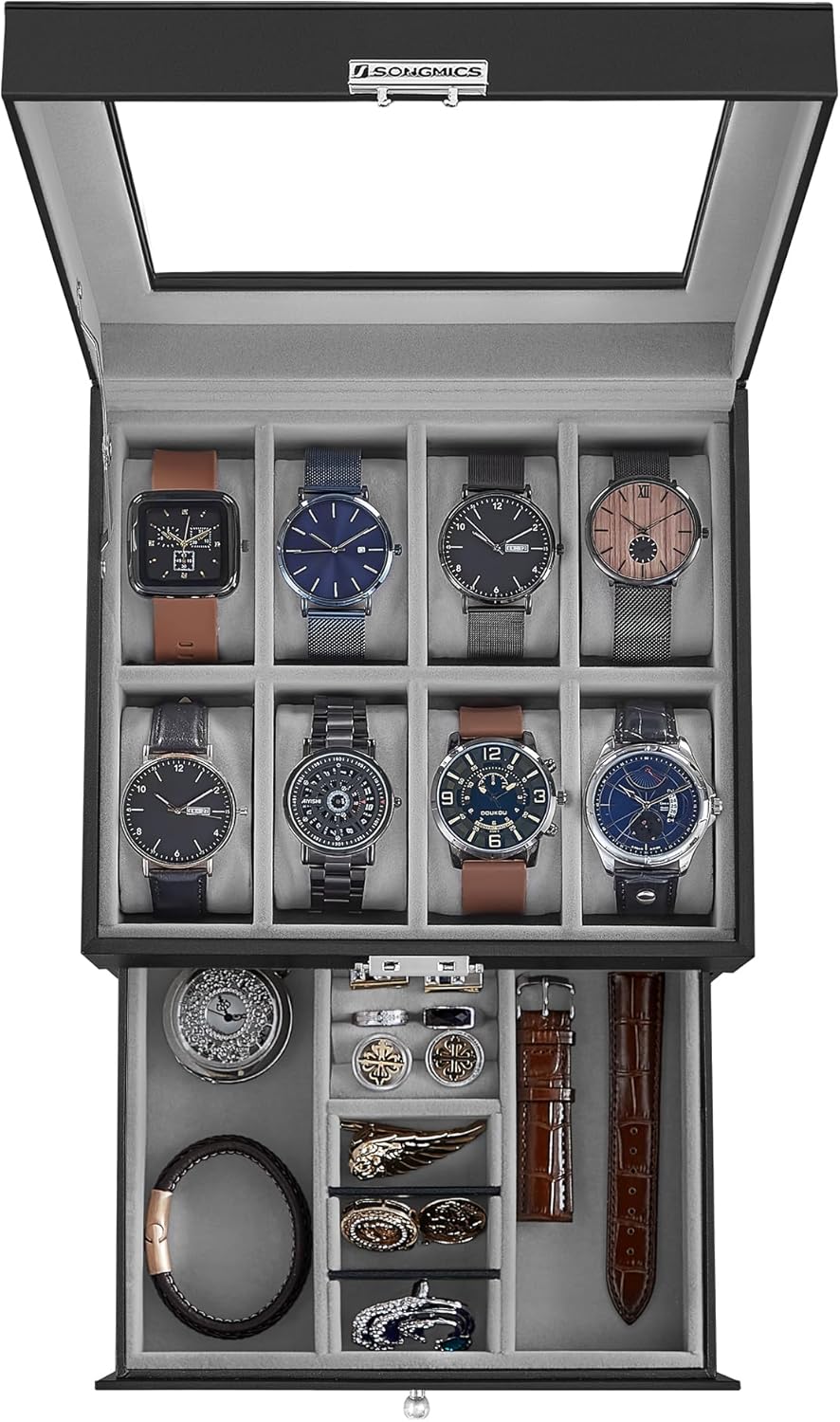 SONGMICS Watch Box, 8-Slot Watch Case Organizer with Large Glass Lid, 2 Layers, Removable Pillows, Metal Lock, Gift for Loved Ones, Black Synthetic Leather, Greenish Gray Lining UJWB080G01