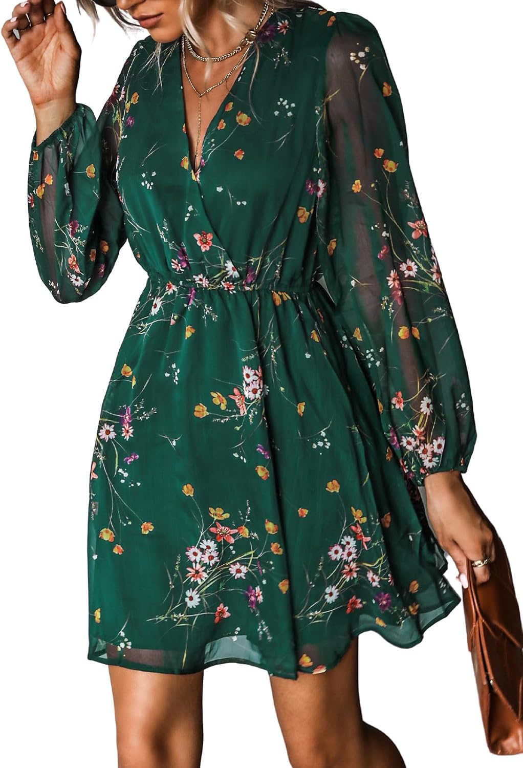 CUPSHE Women's Mini Dresses Casual Spring V Neck Chiffon Long Peasant Sleeves Flowy Spring Dress