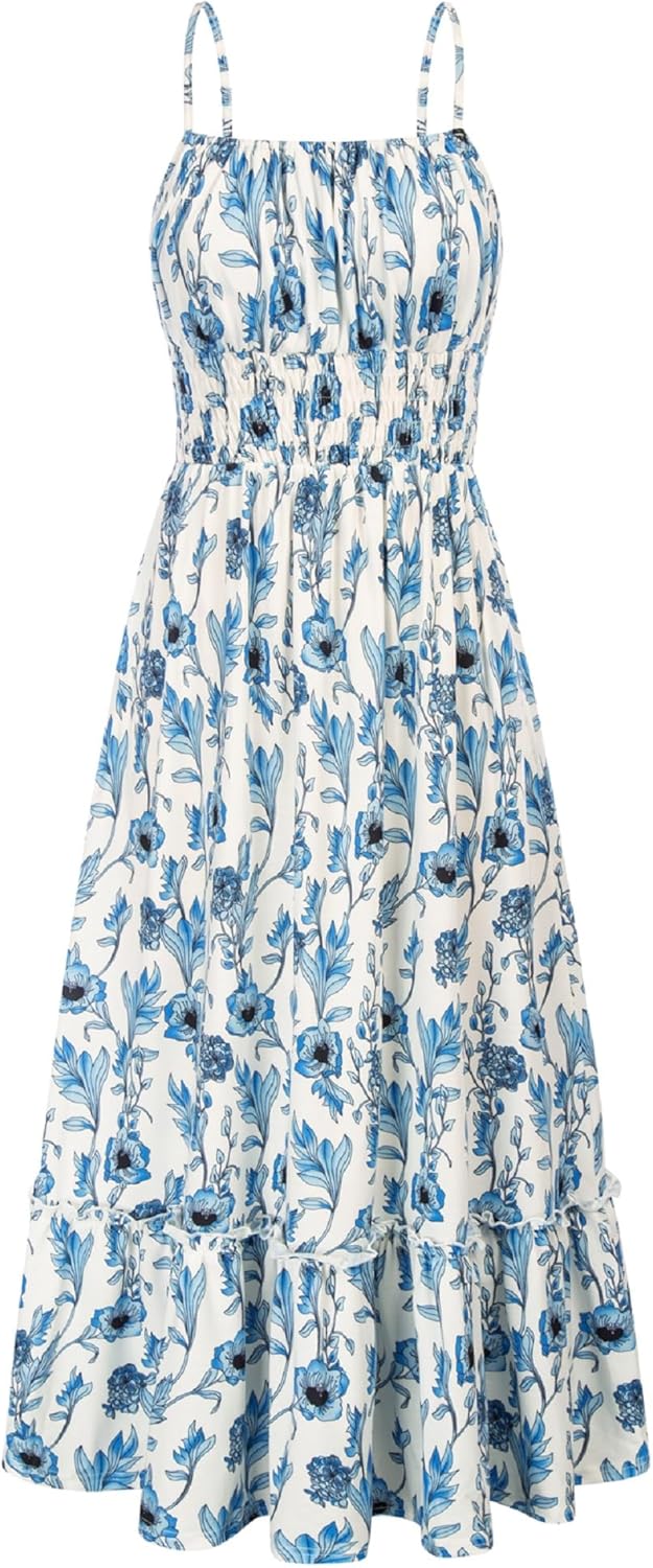 GRACE KARIN Summer Dresses for Women 2026 Vacation,Smocked Floral Maxi Dress,Boho Beach Sundress with Pocket Fashion Clothing
