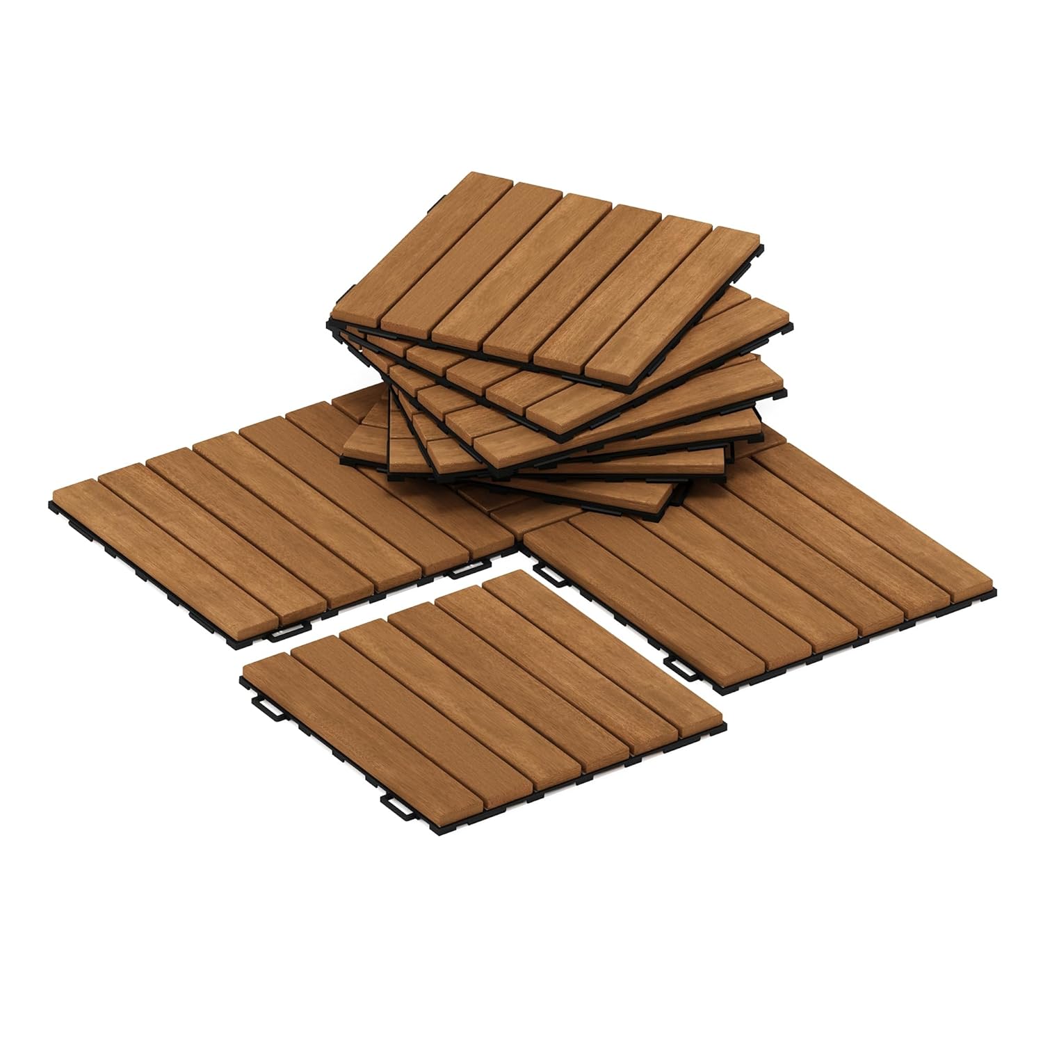 Furinno TIOMAN Hardwood Interlocking Deck Tiles, 10-Pack Outdoor Waterproof Wood Flooring Tiles for Balcony, Garden, Patio, Light Wood