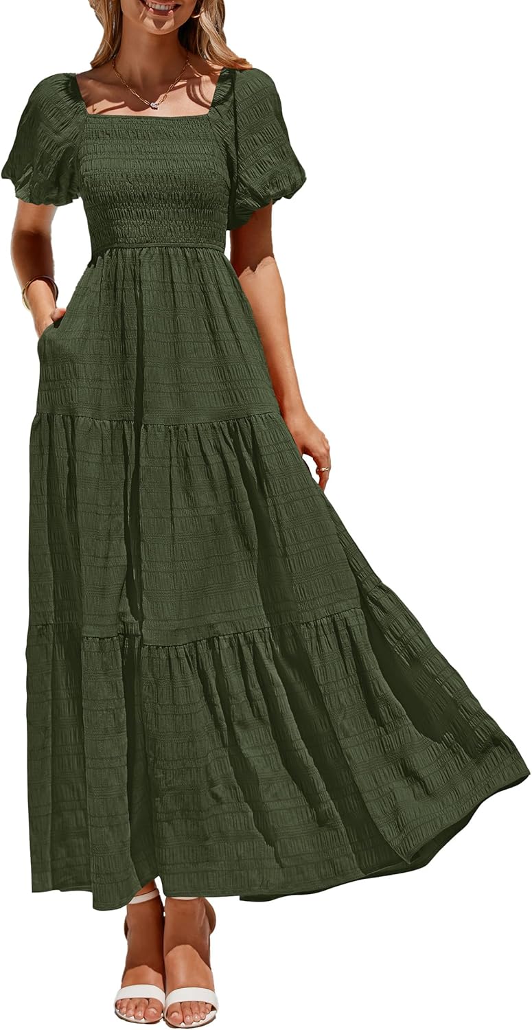 PRETTYGARDEN Womens Summer Puff Short Sleeve Maxi Dress Square Neck Smocked Tiered Ruffle A Line Long Flowy Beach Dresses