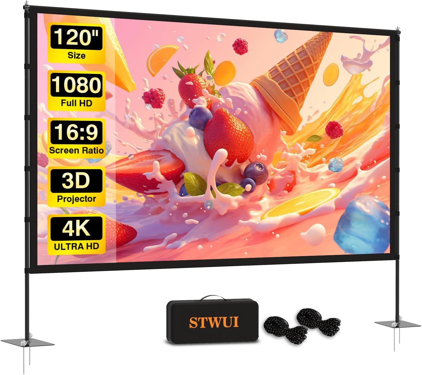 STWUI Outdoor-Projector-Screen-with-Stand - 120 inch Portable Projection Screen Indoor Outdoor Projector Screens 16:9 4K HD Lightweight Movie Screen with Carry Bag for Backyard Movie Night