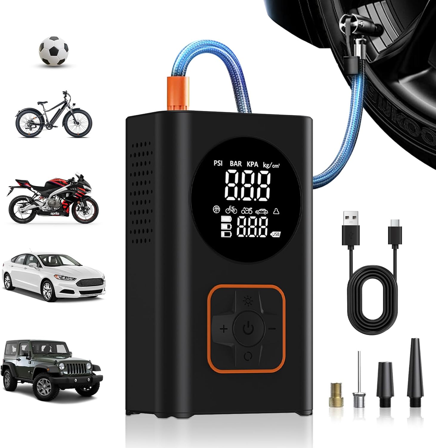 Hisewen Tire Inflator Portable Air Compressor, 150 PSI Cordless Bike Pump with Digital Pressure Gauge &amp; LED Work Light, Smart Rechargeable Air Pump for Car Tires, Bike, Motorcycle, Ball, Inflatabl