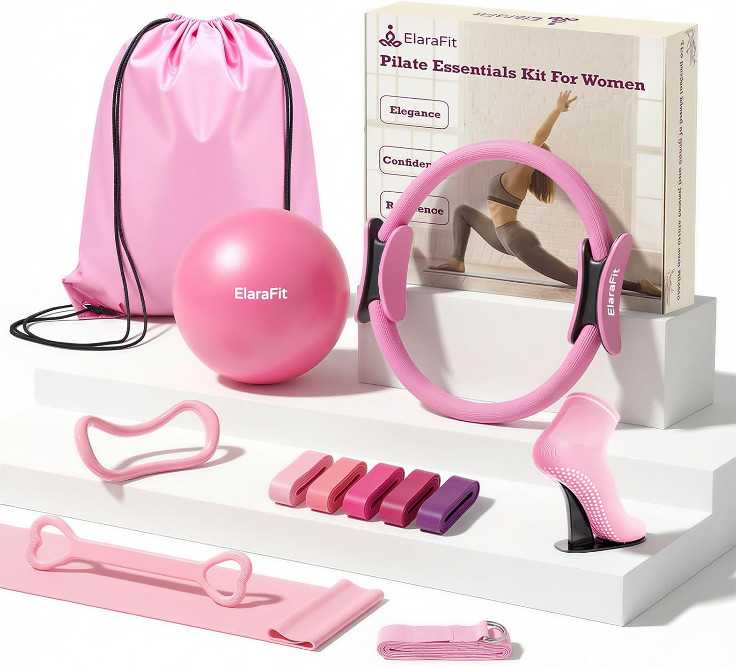 ElaraFit Home Pilates Ring and Ball Set for Women with 5 Resistance Bands 13 inch Magic Circle Workout Starter Kit for Beginners Full Body Toning 15 Min Daily Routine