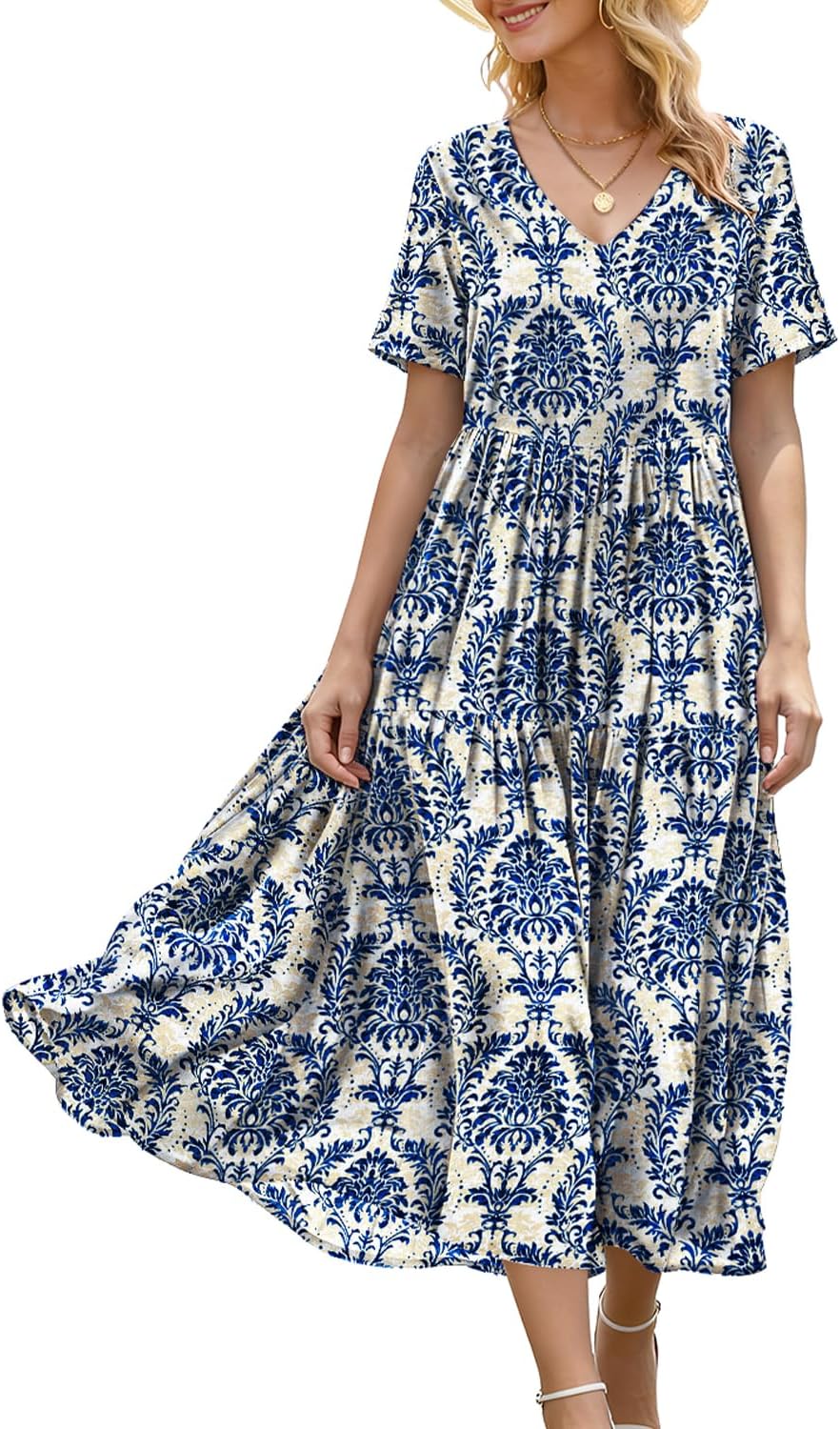 YESNO Women's Summer Maxi Dresses Casual Floral Short Sleeve V Neck Boho Beach Vacation Swing Dress with Pockets EVF