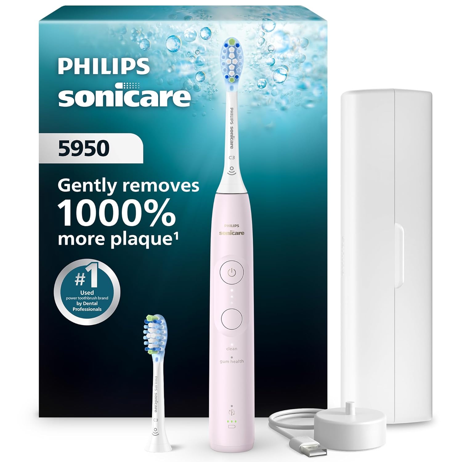 Philips Sonicare 5950 Series Electric Toothbrush with Pressure Sensor, SmarTimer, BrushPacer, 6 Brushing Settings, 21-Day Runtime, Travel Case, Light Pink, HX7132\/03