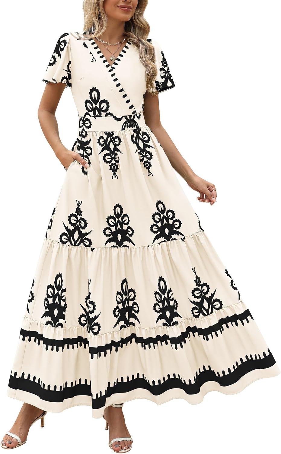 PRETTYGARDEN Womens 2026 Summer Casual V Neck Boho Maxi Dress Flowy Aline Bell Sleeve Tiered Floral Dresses with Pocket