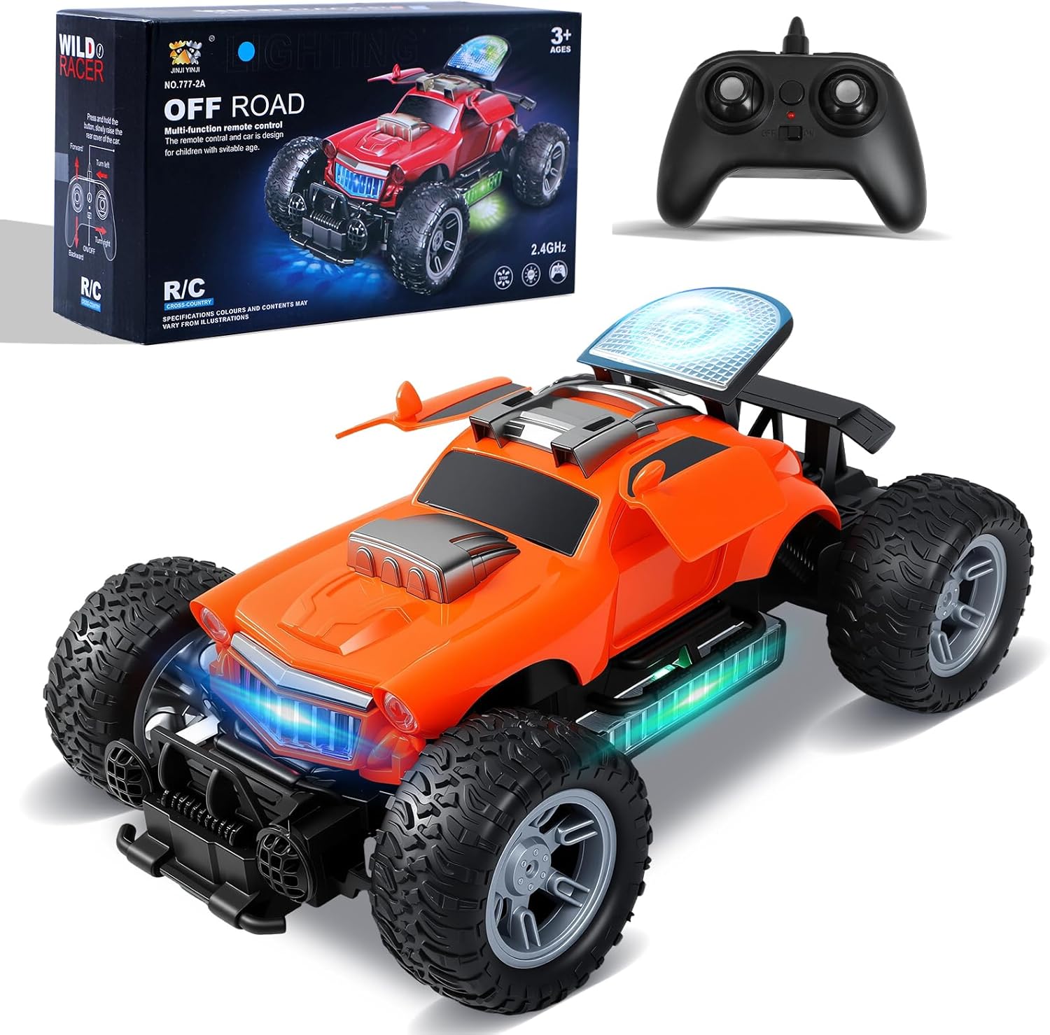 Qudify 1:18 Orange RC Truck with Colorful LED Lights \u2013 Rechargeable 2.4GHz Remote Control Car, 80m Range, Remote-Opening Doors, Rear-Wheel Drive Off-Road Racing Toy for Boys &amp; Girls Ages 3+