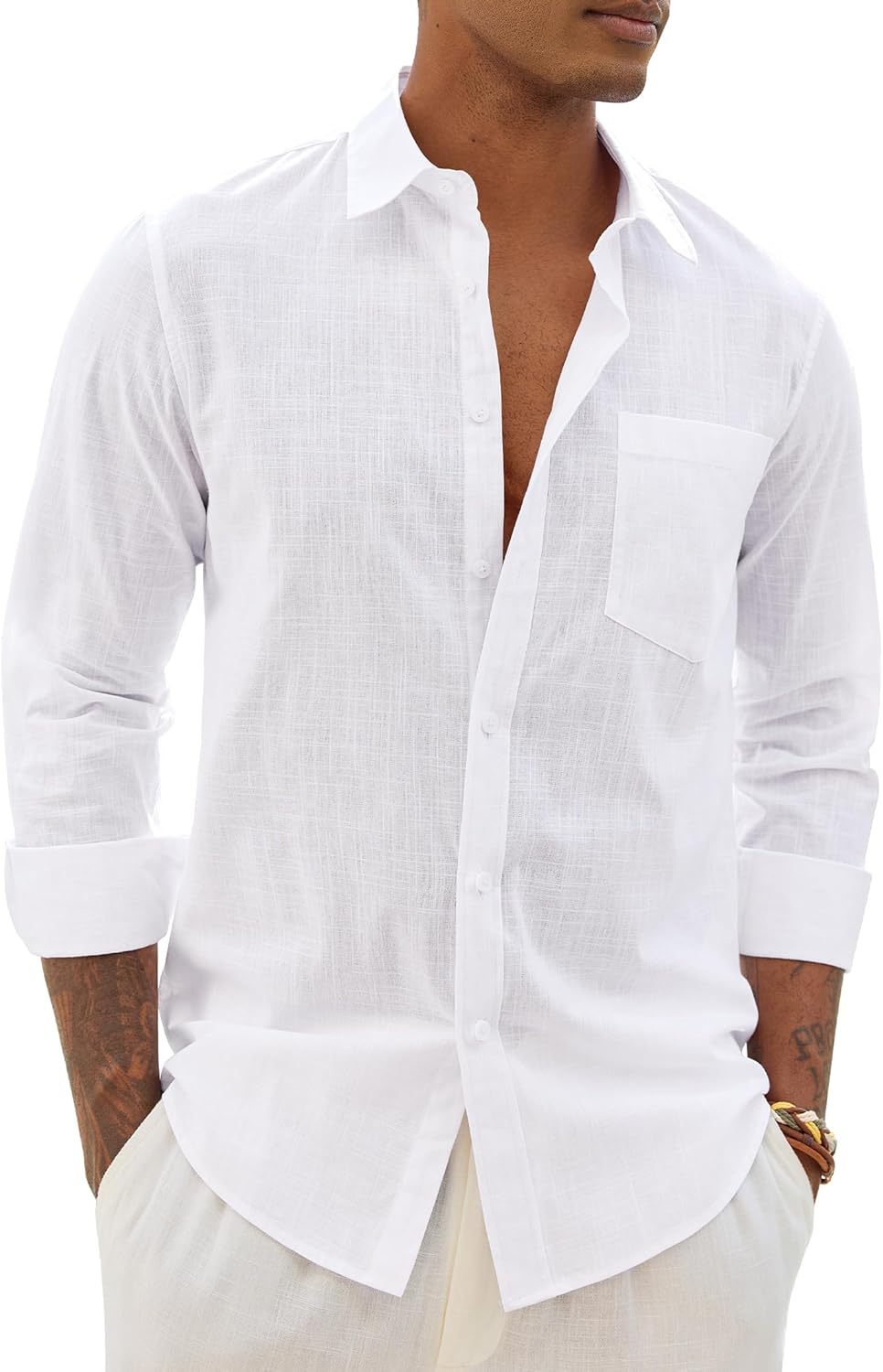 Alimens &amp; Gentle Mens Cotton Linen Textured Shirt Long Sleeve Button Down Shirts Casual Summer Beach Wedding Tops with Pocket