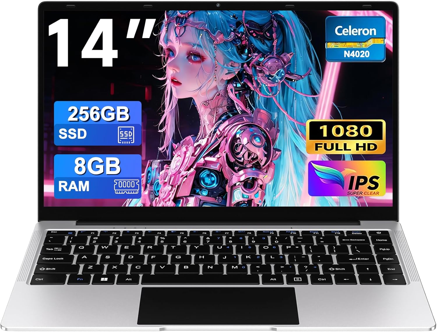 2026 14 Inch Laptop Computer Win 11 8GB+256GB SSD Up to 1TB SSD Expand Laptops N4020 Up to 2.8Ghz DDR4 1080p FHD Dual WiFi BT4.2 with Webcam Screen Projection Function for Business Student--Silver
