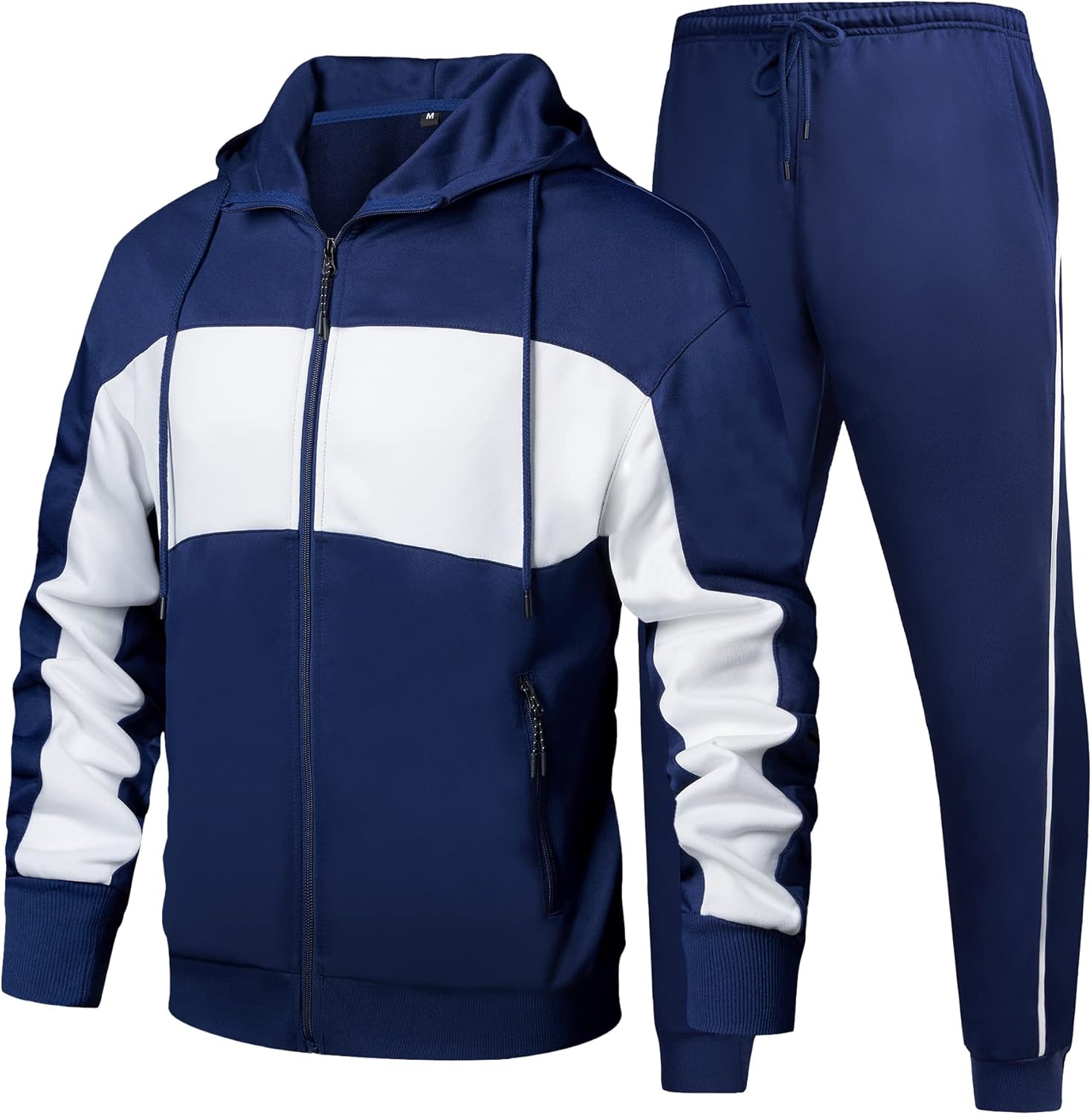 CALUOMATT Men's Hooded Athletic Tracksuit Sweatsuit Long Sleeve Full-Zip Jogging Sweatpants 2 Piece Patchwork Sportsuits