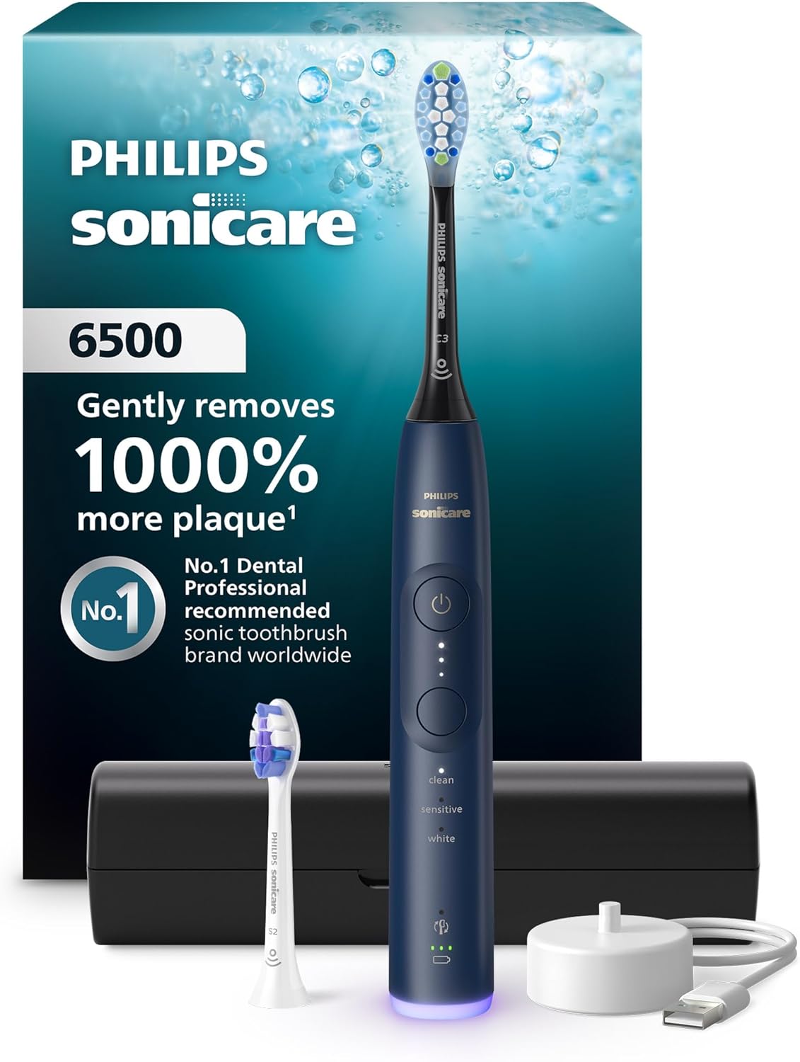 Philips Sonicare 6500 Series Electric Toothbrush - Next-Generation Sonicare Technology, Pressure Sensor, 9 Brushing Settings, SmarTimer, BrushPacer, 21-Day Runtime, Travel Case, Navy Blue, HX7413\/07