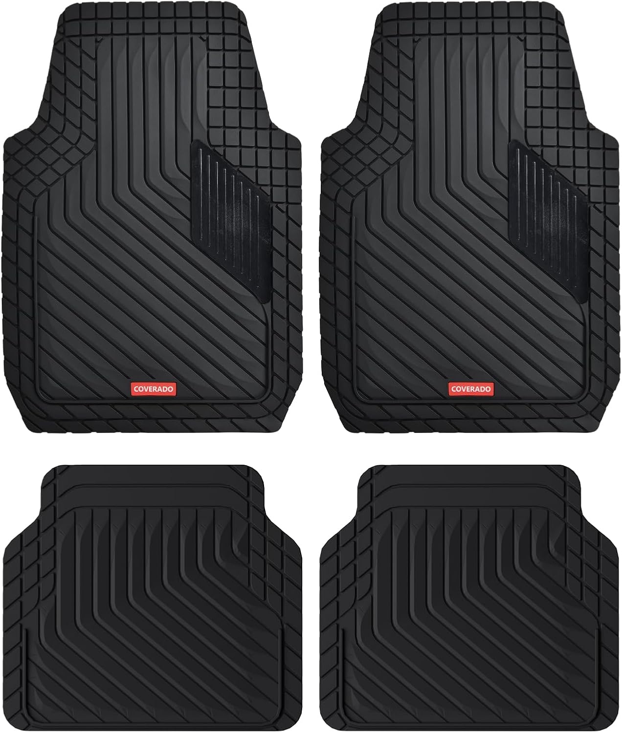 Coverado Heavy-Duty PVC Car Floor Mats Full Set \u2013 Black Metallic Heel Pad, All-Weather Protection for Front &amp; Rear, Non-Slip Backing, Easy-to-Clean Liners, 4 Pcs