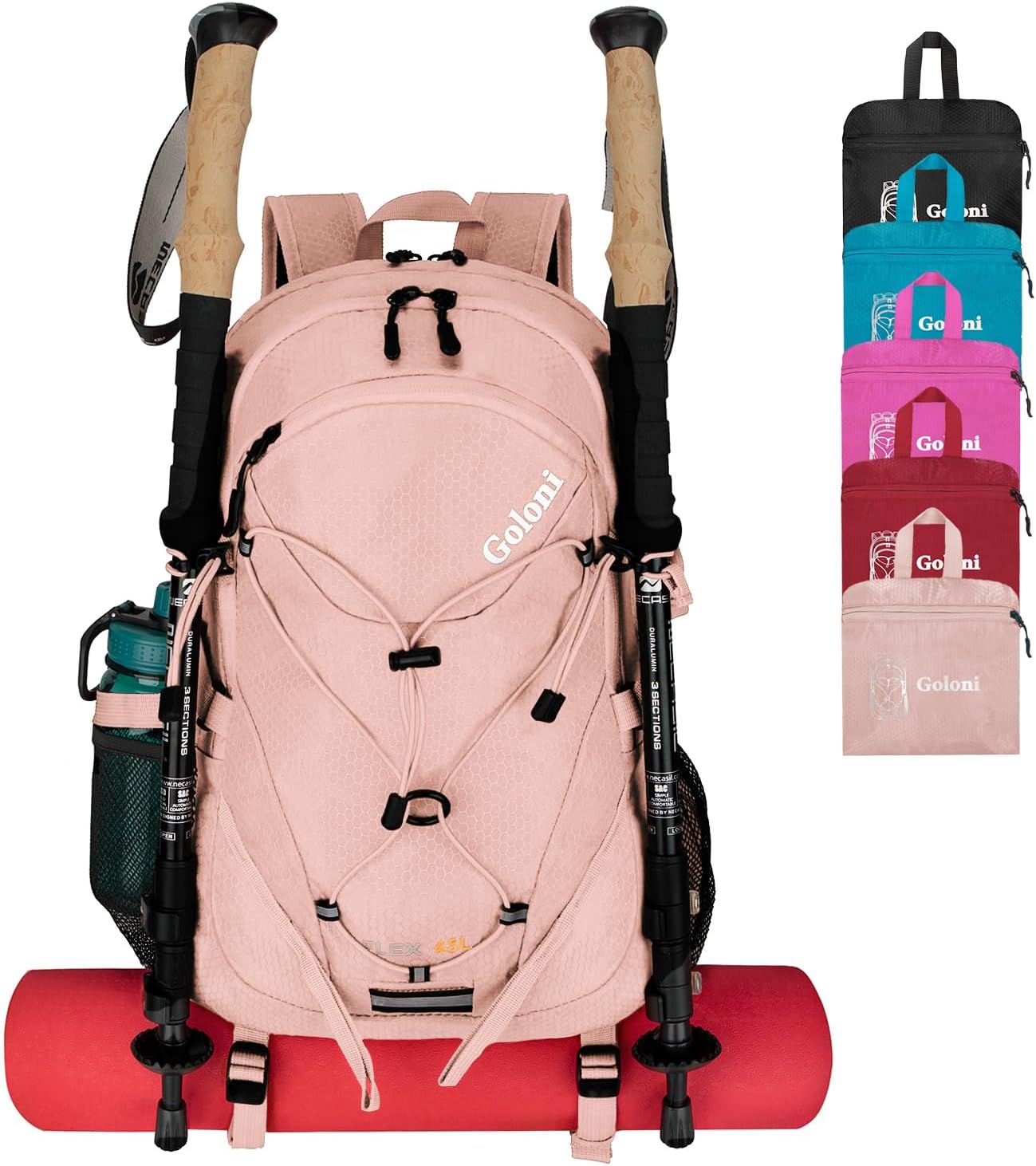 Goloni 45L Hiking Backpack Lightweight Foldable, Waterproof Camping Backpack with Rain Cover &amp; Hiking Pole Mat Carrying System, Ergonomic Water Resistant Daypack for Trekking Travel Men Women Pink