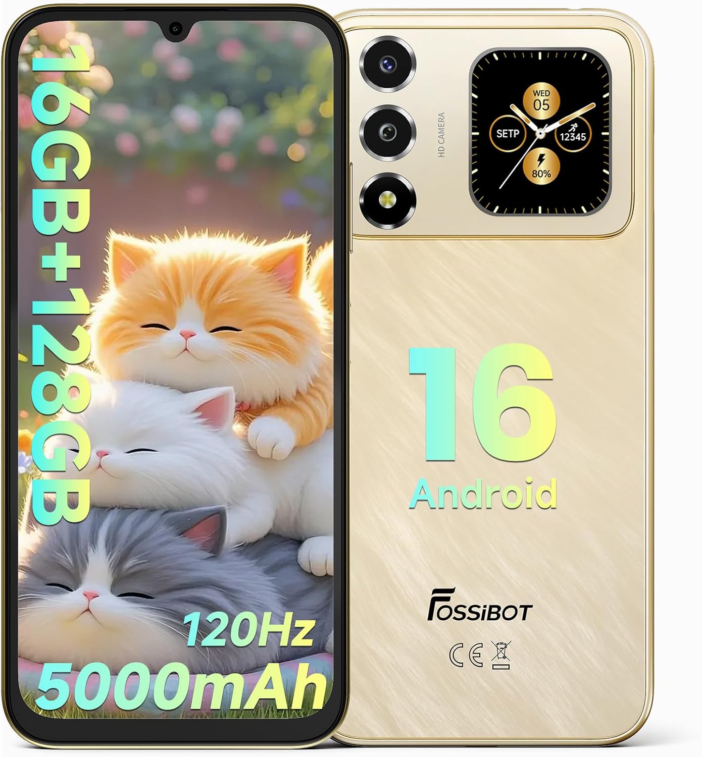 FOSSIBOT S7 | 2026 | Android 16 | 16+128GB+1TB | Unlocked Cell Phones | 120hz | 5000mAh | 6.9''FHD | 1080p 60fps Encode |16MP AF | GPS | Dual SIM | 4G | AI Recognition | Beauty | Luxury Gold