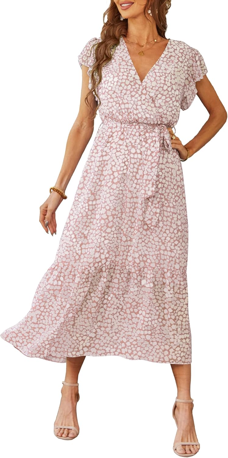 PRETTYGARDEN Women's Summer Floral Boho Maxi Dress Short Sleeve Wrap V Neck Ruffle Long Flowy Beach Wedding Guest Dresses