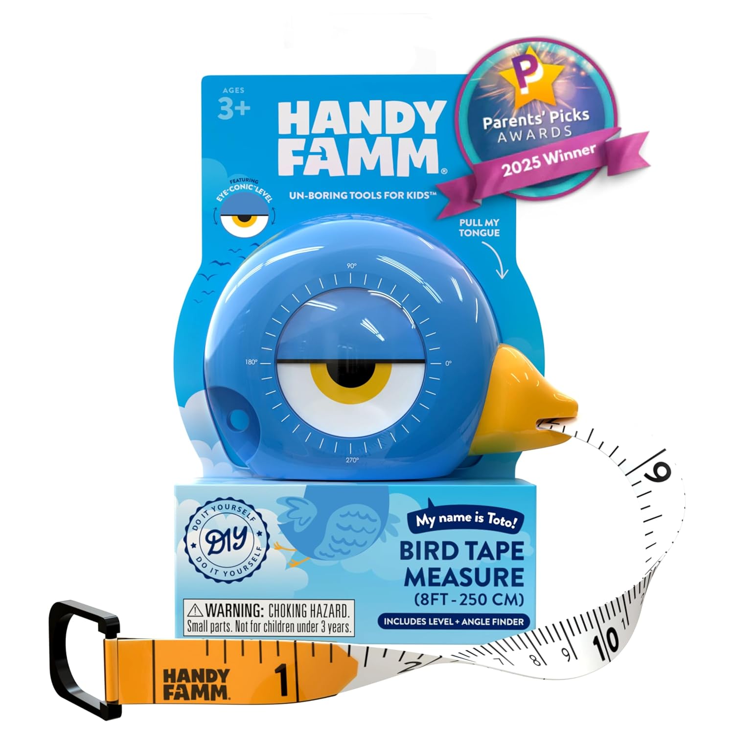 Handy Famm 8ft Blue Bird Tape Measure for Kids \u2013 STEM Educational Tool with Level, Protractor, Retractable Design - DIY Construction, Child-Safe Measuring Tapes, Gift for Boys &amp; Girls 3+