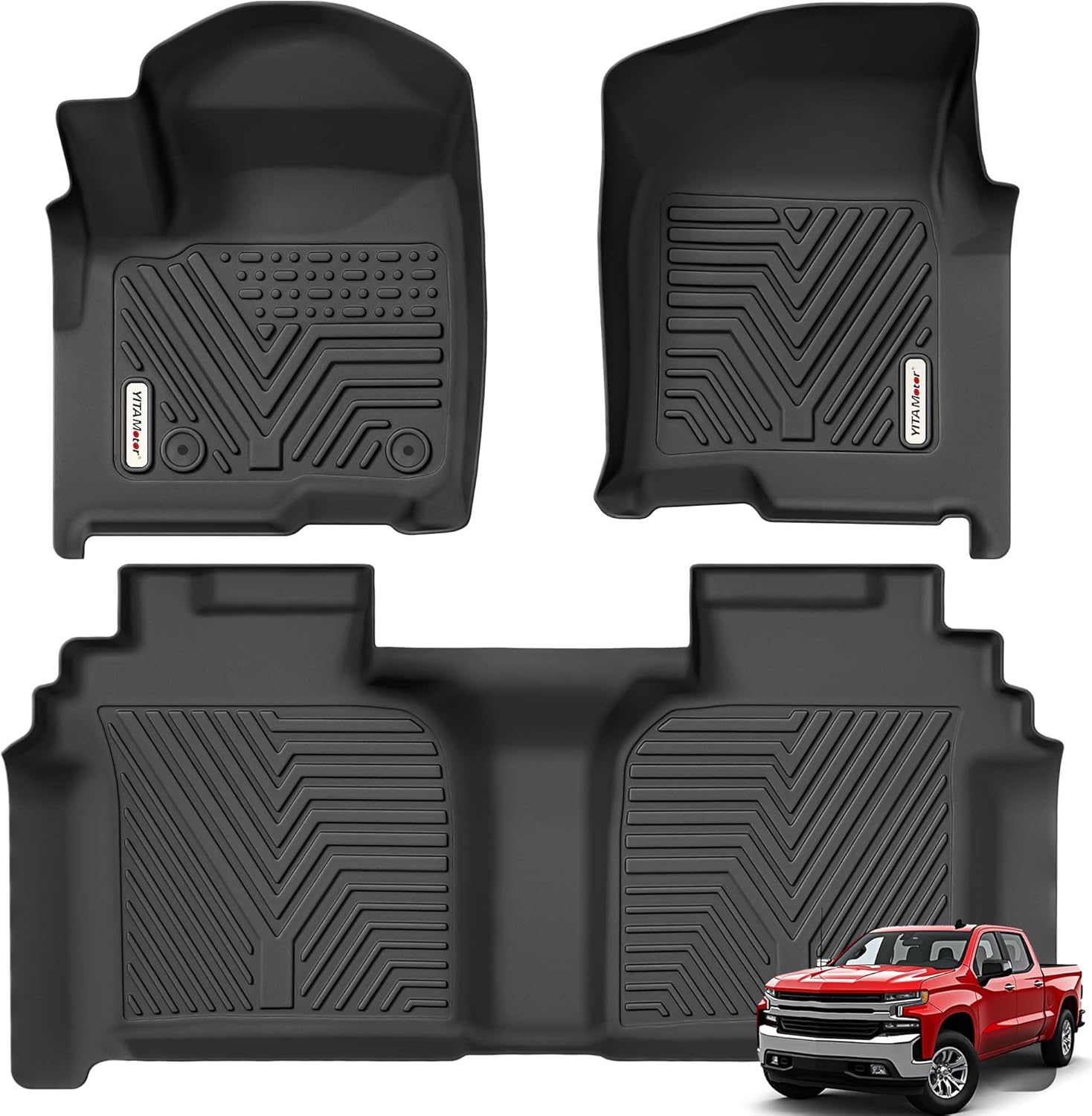 YITAMOTOR Floor Mats for 2019-2026 Chevrolet Silverado\/GMC Sierra 1500 &amp; 2020-2026 Chevy Silverado\/GMC Sierra 2500HD\/3500HD Crew Cab With Underseat Storage Box Bucket Seat, 1st &amp; 2nd Row, B