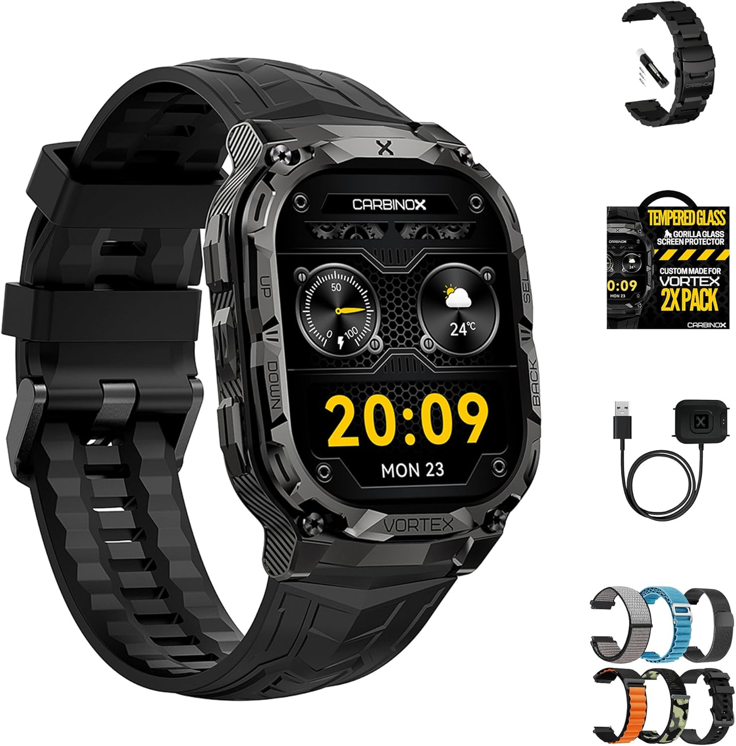 CARBINOX Vortex Smartwatch (Answer\/Make Calls), Military-Grade Rugged Fitness Tracker, IP69K Waterproof, Sport Design for Active Lifestyles (Black Ultimate Pack)