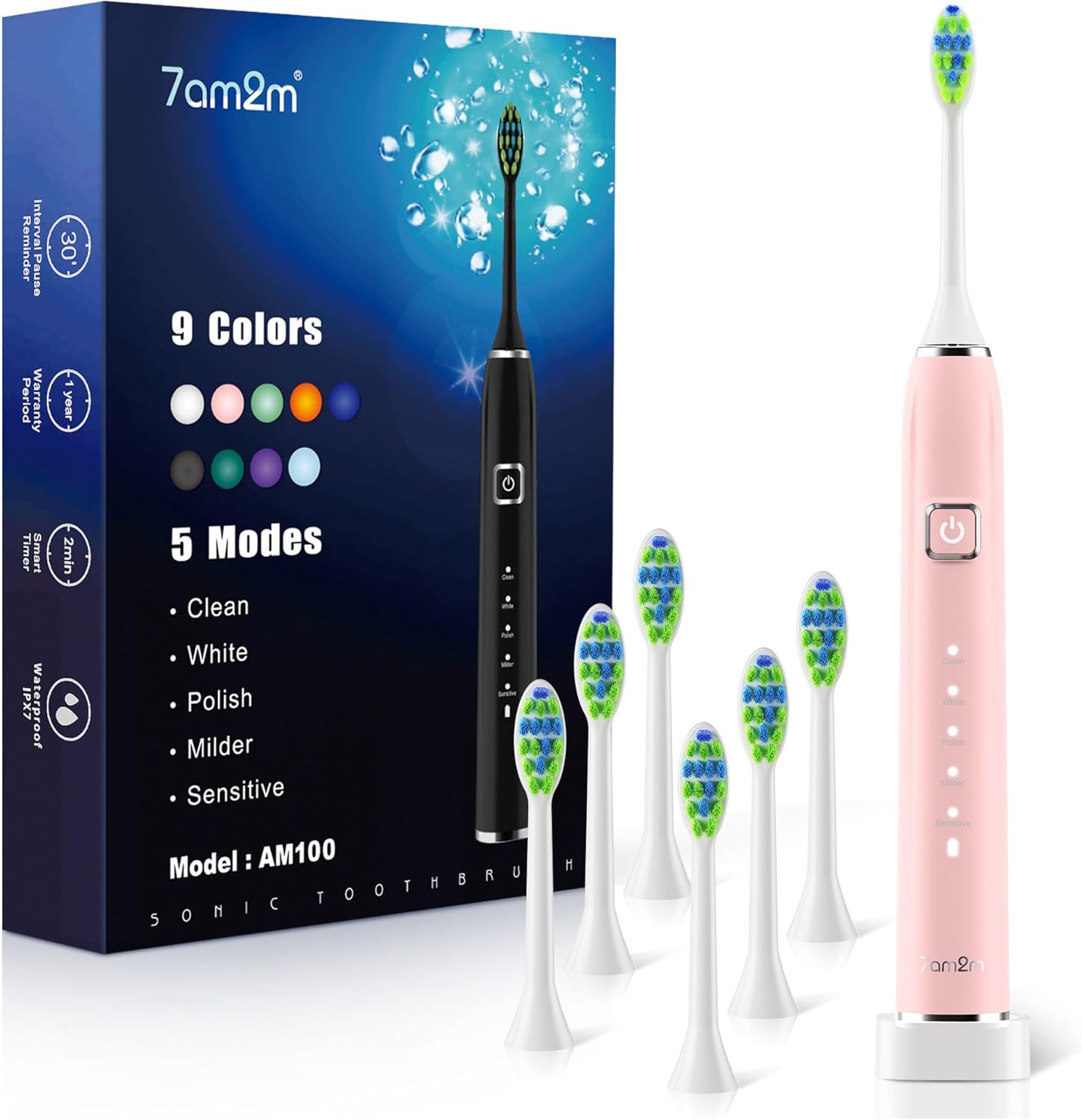 7AM2M Sonic Electric Toothbrush with 6 Brush Heads for Adults&amp;Kids, One Charge for 120 Days, Wireless Fast Charge, 5 Modes, 40000VPM Powered Toothbrush, 2 Minutes Built in Smart Timer -Pink