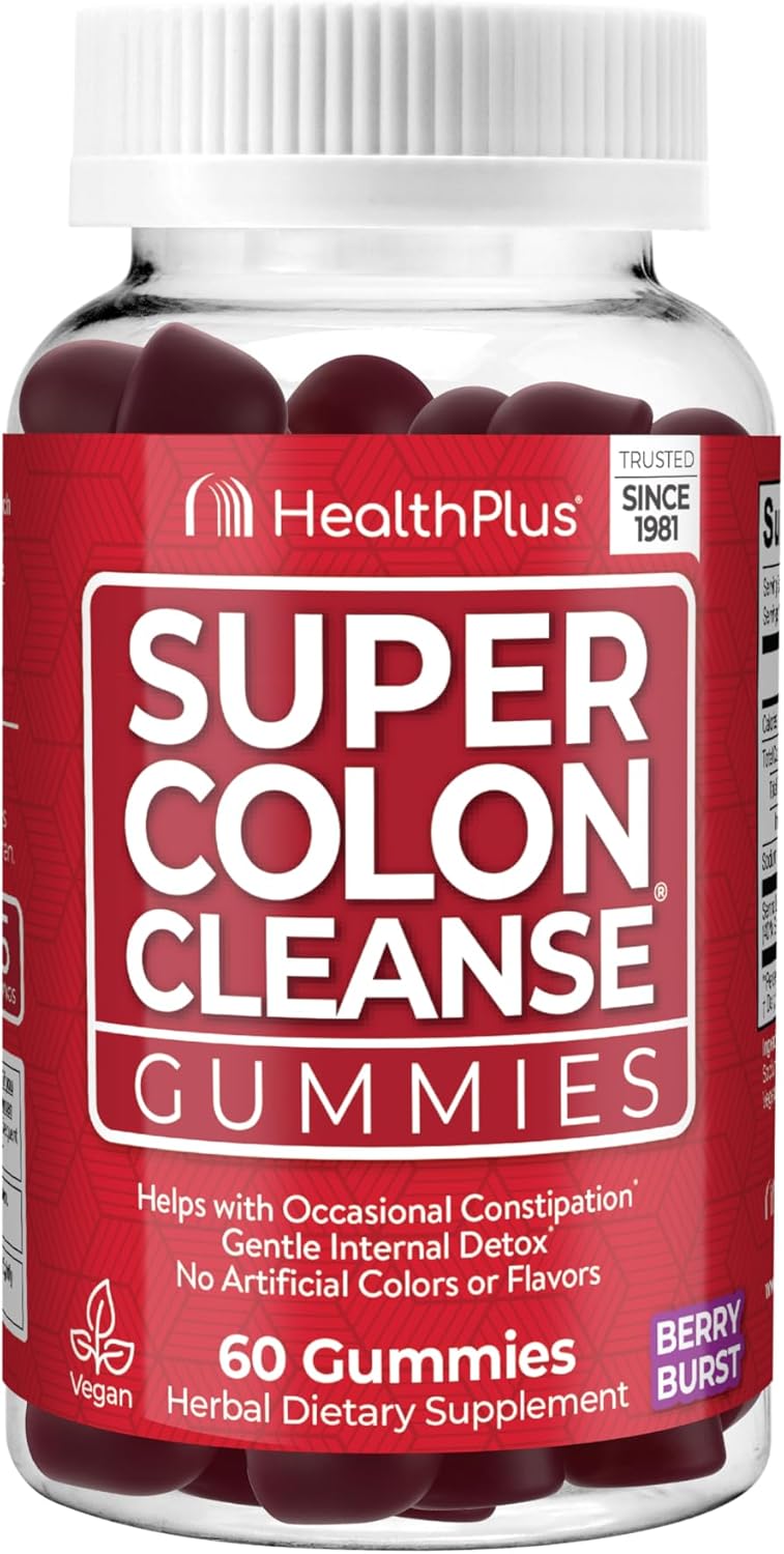 Health Plus Super Colon Cleanse Gummies Dietary Supplement, Gentle Overnight Relief from Occasional Constipation, Natural Senna Leaf Extract, Mixed Berry Flavor, 60 Count, 15 Day Cleanse