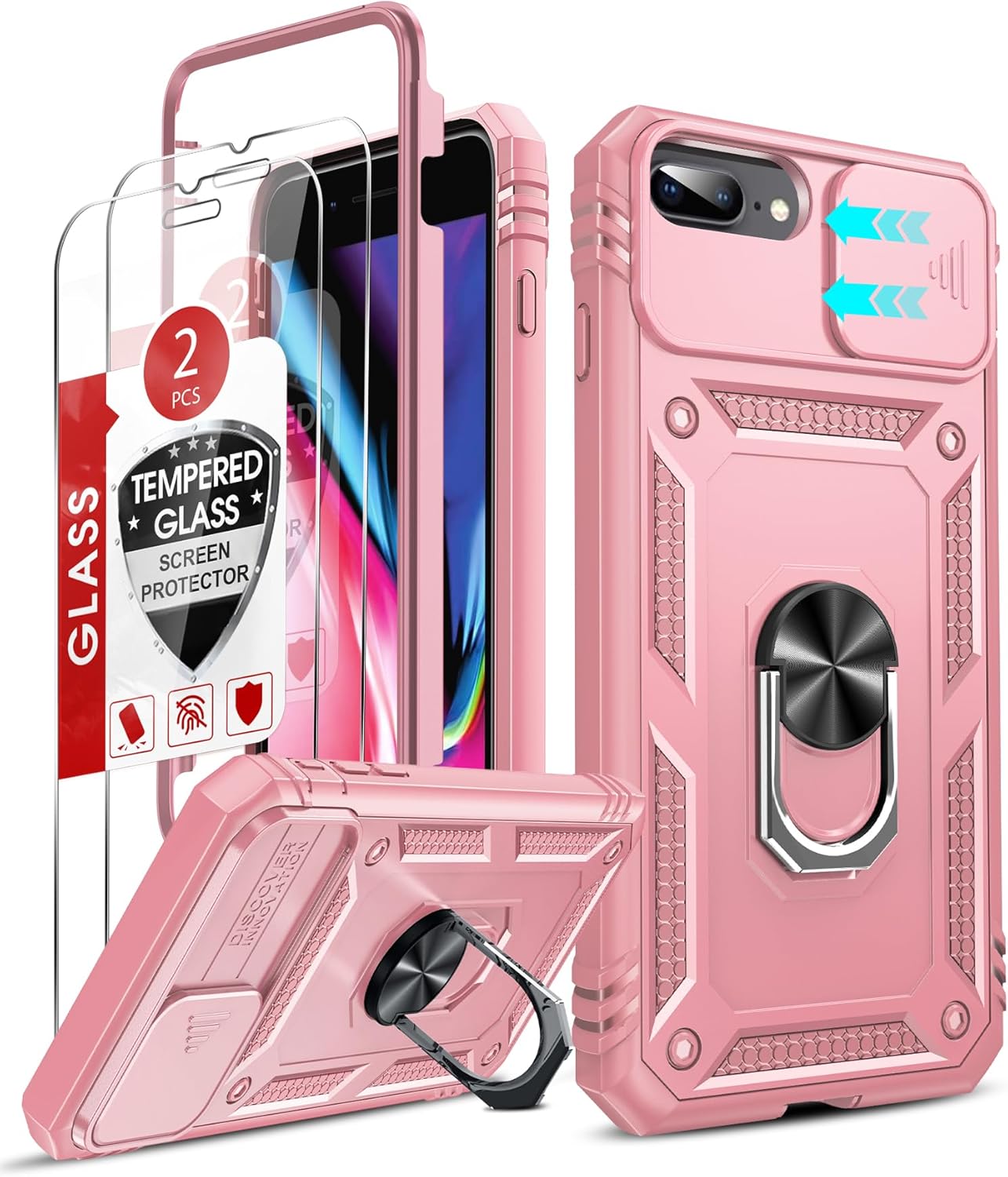 LeYi for iPhone 8 Plus Case: iPhone 7 Plus Phone Case with 2X Tempered Glass Screen Protector, Slide Camera Cover Military-Grade para iPhone 8 Plus Phone Case iPhone7Plus for Women Girl Cute, Pink