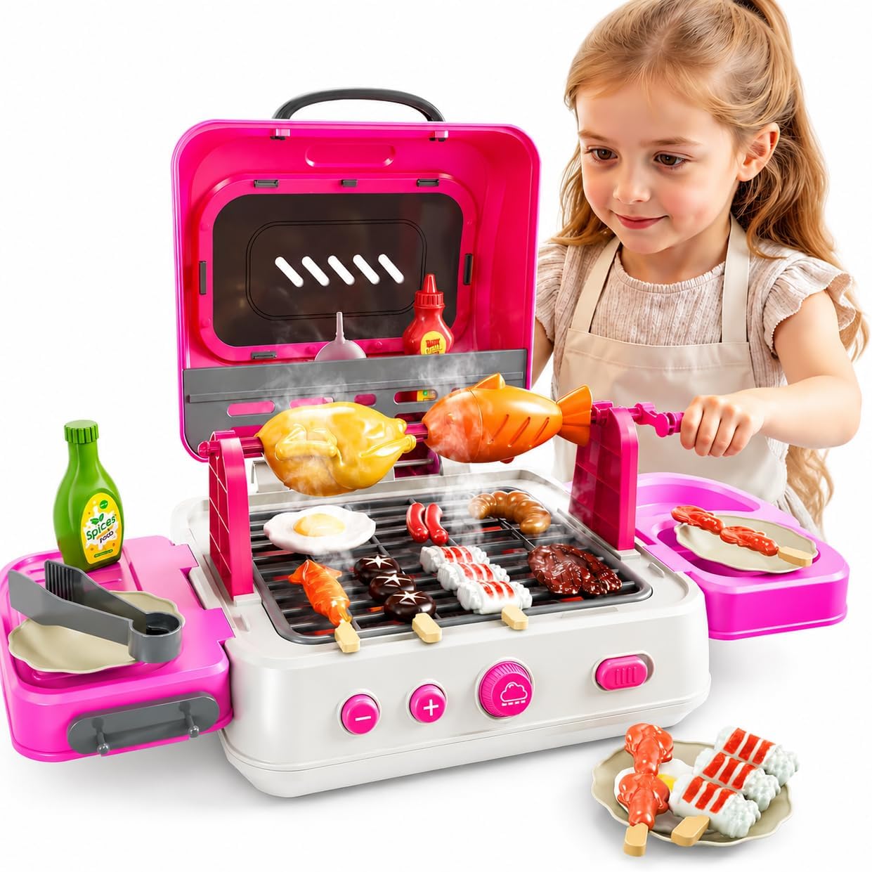 MSKOLER Kids BBQ Grill Playset, Play Kitchen Toys with Smoke, Play Food, Cooking Toys for Kids Ages 4-8, Lights and Sounds, Indoor and Outdoor Toy, Birthday Gift Boys and Girls 3 4 5 6 7