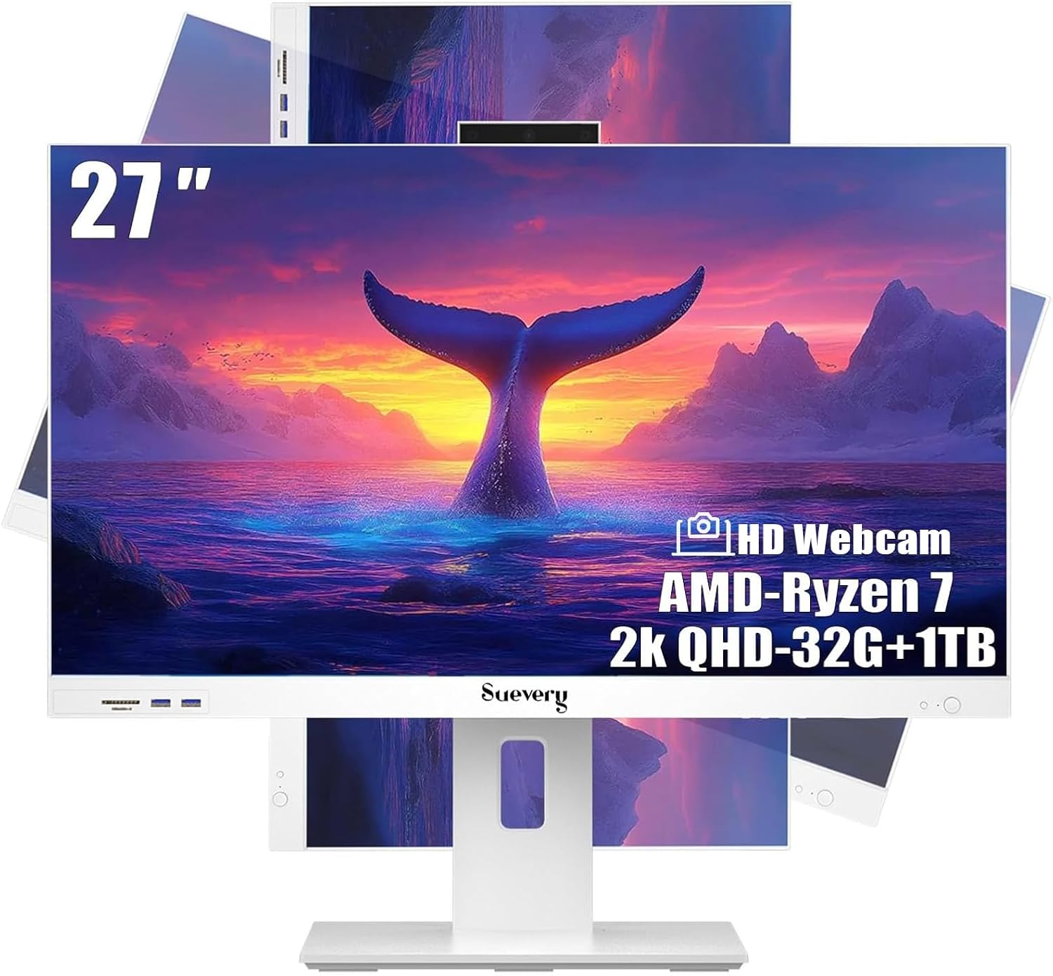 suevery 27Inch（2560×1440） All-in-One Office Desktop Computer | 27" 2K QHD Business All in One PC | Ryzen 7 5700G 8Core Up to 4.6G |32GB RAM | NVMe 1TB SSD | White WiFi 6, Mouse and Keyboard Home