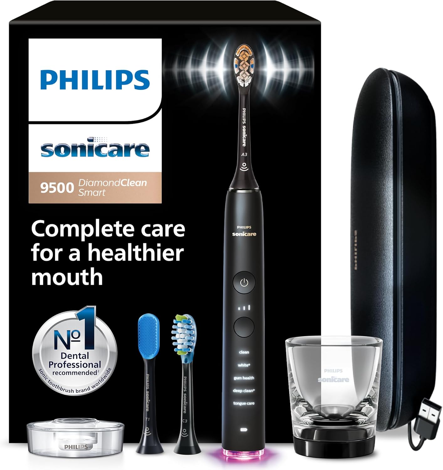 Philips Sonicare DiamondClean Smart 9500 Electric Toothbrush - Sonic Toothbrush with App, Pressure Sensor, 15 Brushing Settings, Replacement Reminder, USB Charging Travel Case, Black, Model HX9923\/11