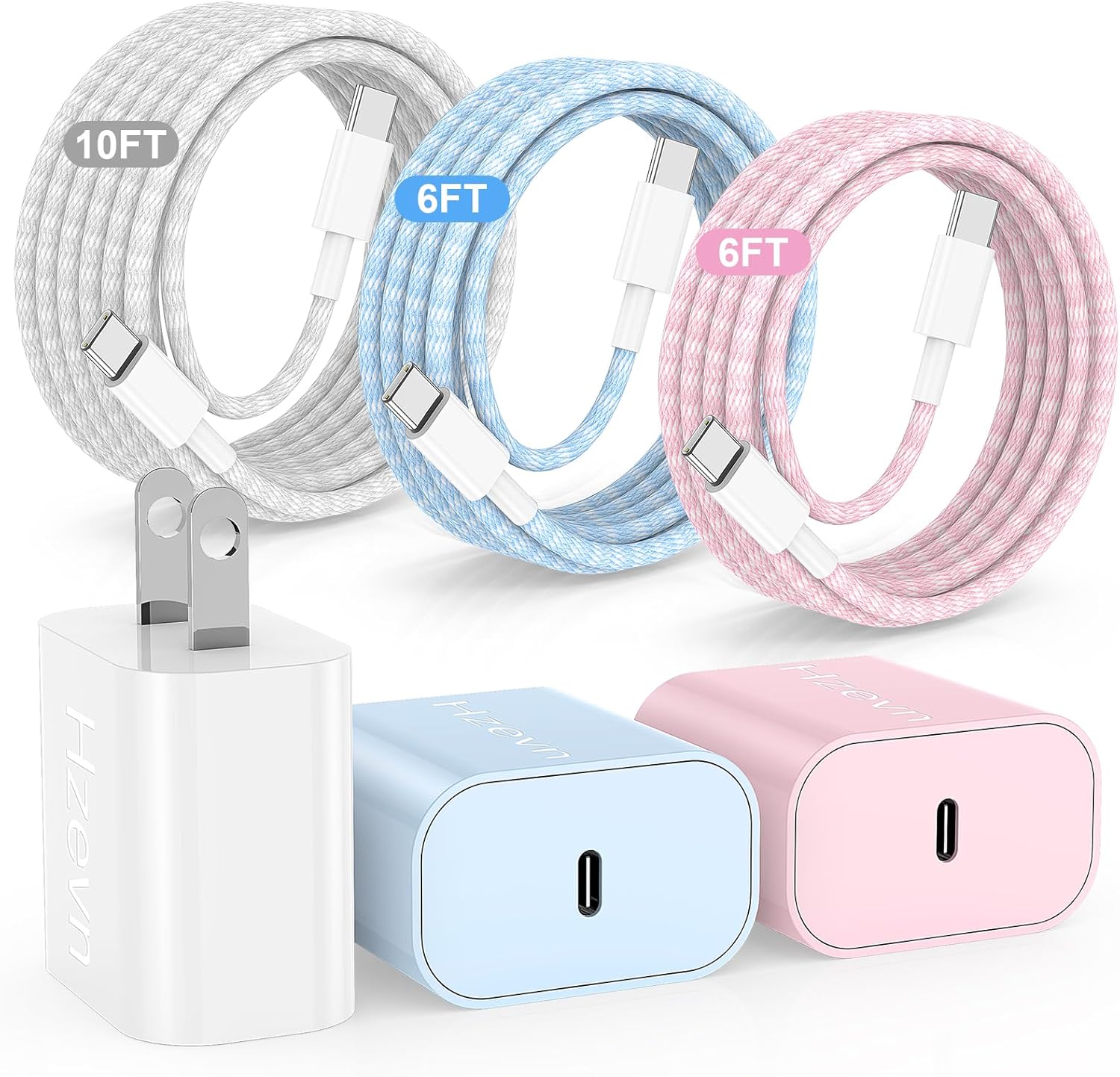 Hzevn 20W USB C Fast Charging for iPhone 17 Air\/16\/15 Pro Max,3Pack Colorful Mixed Charger Block with Braided Long USB C to C Cables (6\/6\/10ft) Compatible with iPhone16\/15 Pro\/15 Plus\/iPad Pro