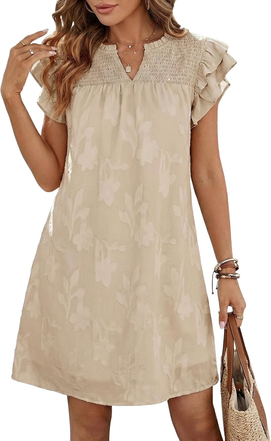 Dokotoo Womens Summer Dresses 2026 Ruffle Short Sleeve Casual V Neck Smocked Floral Burnout Mini Dress Sundress